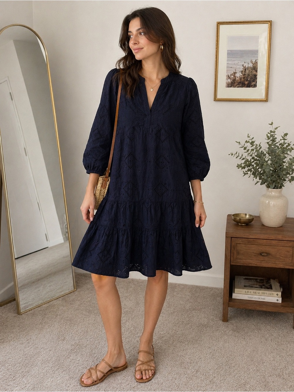Women's Navy Eyelet Tiered Dress